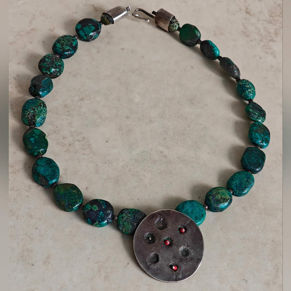 Artisan Made Chunky Genuine Turquoise Sterling Silver 925 Geometric Necklace